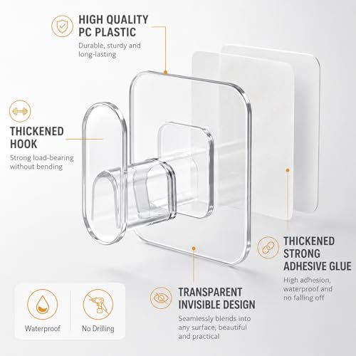 10 Pack Heavy Duty Adhesive Wall Hooks No Drill Waterproof Transparent Towel Hangers