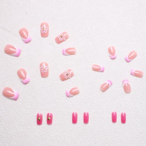 BUNLVDI French Tip Press on Nails Short Square Nude Pink 3D Flower False Nails
