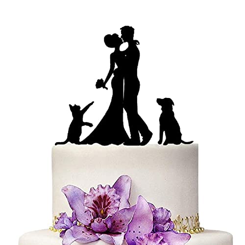 Bride and Groom Cake Topper with Dog and Cat - Black Acrylic Decoration