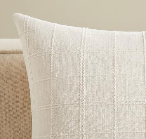 ZeeMart 18x18 Ivory Checked Throw Pillow Covers, Set of 2 Farmhouse Grid