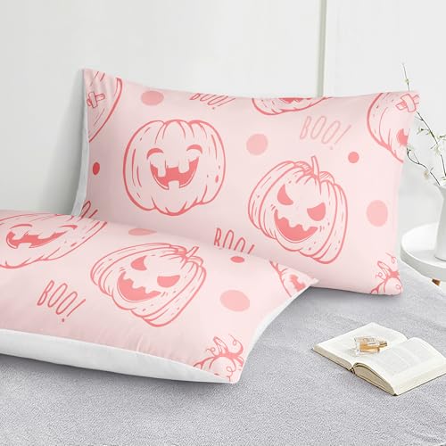 Chumerry King Size Pink Halloween Duvet Cover Set with Ghost & Pumpkin Print