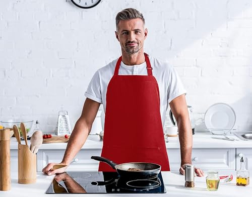 Utopia Kitchen Red Bib Aprons 2 Pack Adjustable with 2 Pockets - 100% Polyester