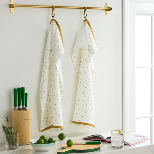 Kate Spade New York Celebration Dot Holiday Kitchen Towels 2-Pack Set, 100% Cotton with Metallic Print, Lint-Free & Absorbent, Ivory/Gold/Silver, 17"x28"