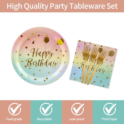 48-Piece Happy Birthday Party Supplies Set, Colorful Gold Tableware