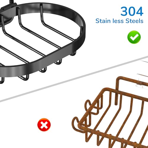 MASADI 2 Tier Black Soap Dish Holder with Hooks - Stainless Steel Shower Caddy