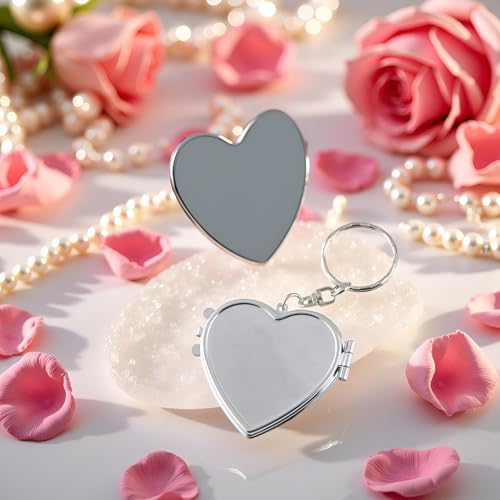 Silver Metal Heart Compact Pocket Mirror with Keychain Travel Makeup Mirror