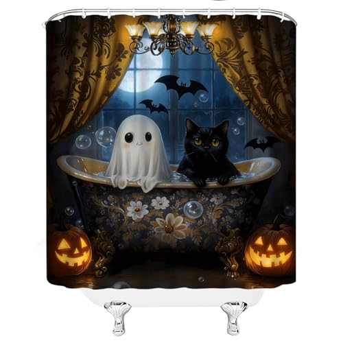 Spooky Halloween Shower Curtain 70" x 70" with Hooks - Ghosts, Cats, Pumpkins, and Bats