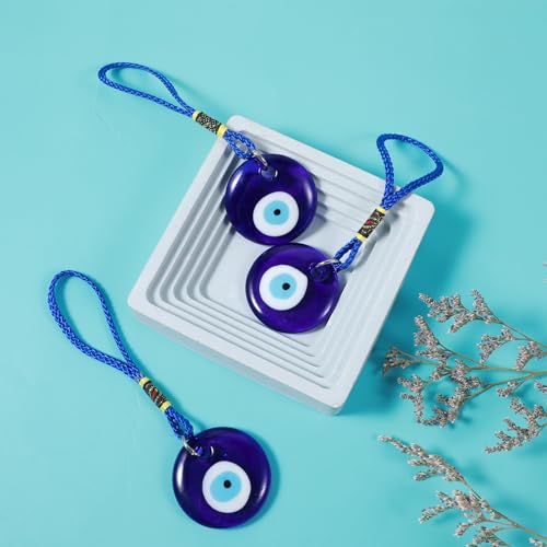 4 Pcs Round Blue Evil Eye Hanging Pendant - Turkish Glass Amulet for Car