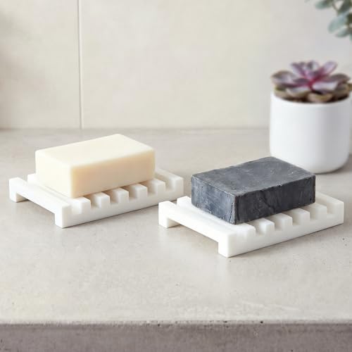 White Slotted Silicone Soap Dish - Self Draining Bathroom & Kitchen Soap Holder, Non Slip, Quick Dry