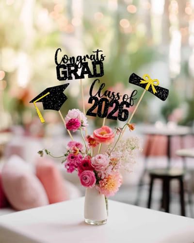 Jiiohur Class of 2026 Graduation Centerpieces Sticks - 16 Pcs, Black & Gold Party Supplies (Bg)
