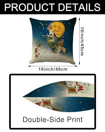 Vintage Halloween Throw Pillow Cover 18x18 Inch - Retro Witch & Moon Design