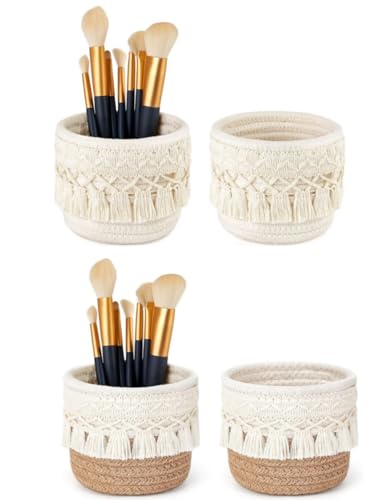 PAVNSO 2-Pack Macrame Makeup Brush Holder - Coffee Woven Cotton Basket