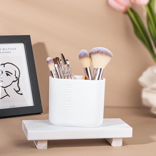 Rejomiik White Toothbrush Holder, Bamboo & Plastic Bathroom Organizer