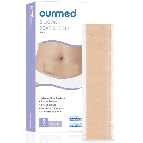 ourmed Medical Grade Silicone Scar Removal Sheets, 1.6" x 6", 5 Pack