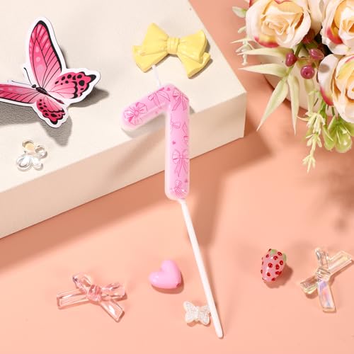 Pink Bow Number 7 Birthday Candle - Elegant Cake Topper