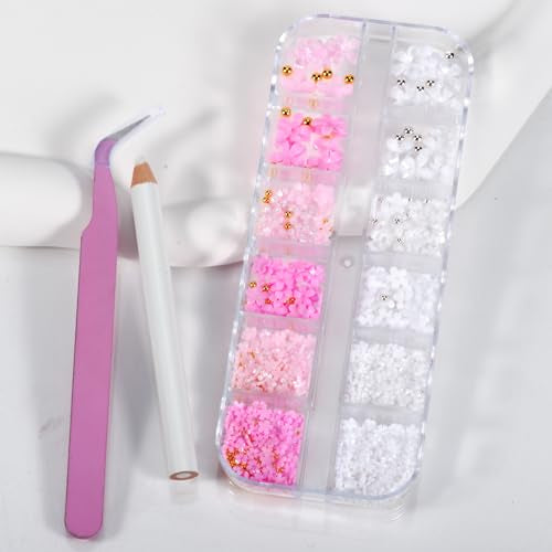 MOLILON 3D Flower Nail Art Charms with Beads, Pick Up Pen and Tweezer Set