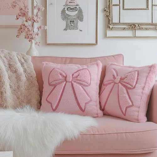 Pink Bow Throw Pillow Covers 18x18 - Set of 2 Faux Fur Coquette Decor