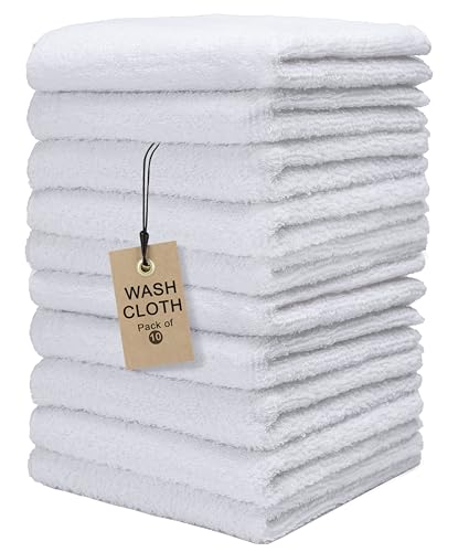 Textila Cotton Washcloths, 12x12 Inch, White - 10 Pack Soft Absorbent Towels