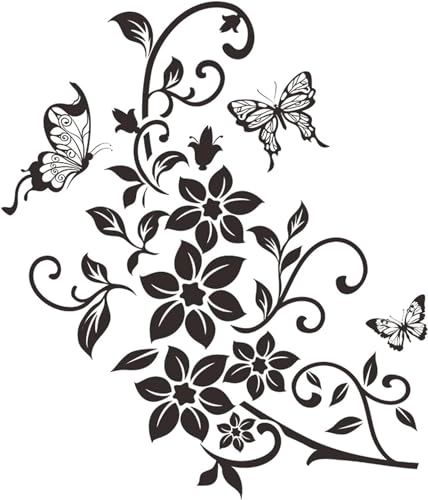 Elegant Black Butterfly Floral Toilet Seat Lid Decal - Removable PVC Sticker