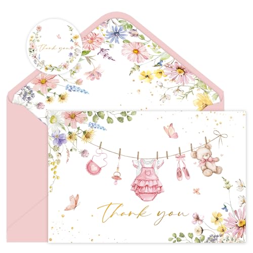 24 Pack Baby Shower Thank You Cards - Floral Clothes Design, 4x6 Inches