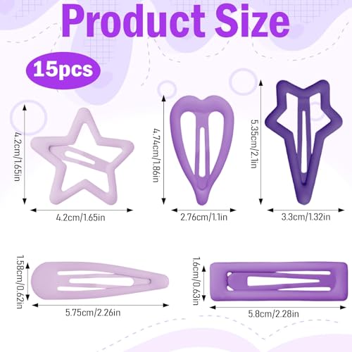 LLMSIX 15pcs Purple Metal Snap Hair Clips Y2K Barrettes for Women