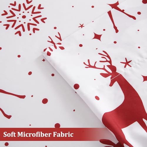 Christmas Queen Bed Sheet Set with Reindeer Pattern - Microfiber, Soft & Breathable, Deep Pockets, Red, 4-Piece