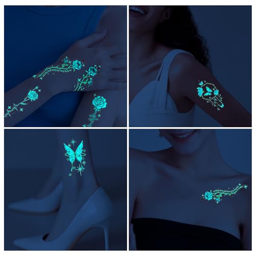 Konsait Glow in the Dark Temporary Tattoos 18 Sheets Flower Butterfly