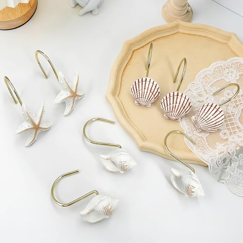 Gold Seashell Shower Curtain Hooks - 12 Pack Rust-Proof Decor