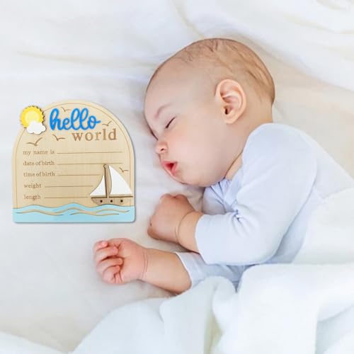 Baby Announcement Sign 5.9 Inch Wooden Hello World Newborn Sign with Pen