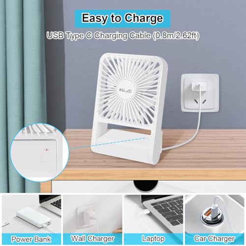 ELZO Travel Fan - Foldable Mini Desk Fan, Quiet Battery Operated, 3 Speeds, 225° Tilt, White