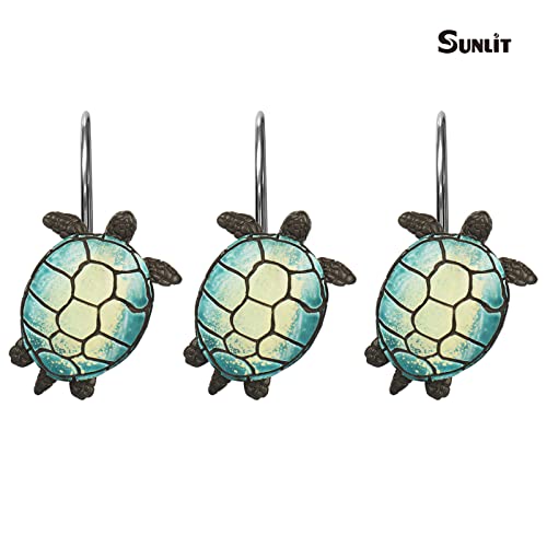 Turquoise Sunlit Tilt Sea Turtle Shower Curtain Hooks – Resin Bathroom Decor, Set of 12