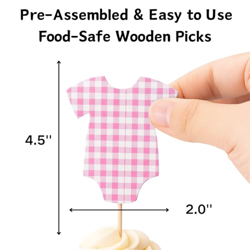 36 Blue & Pink Gingham Cupcake Toppers for Gender Reveal