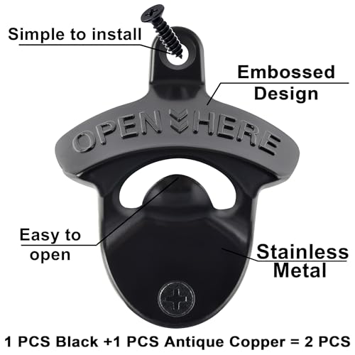 HAIICEN Wall Mounted Beer Bottle Opener Set - Black & Antique Copper, 2 PCS