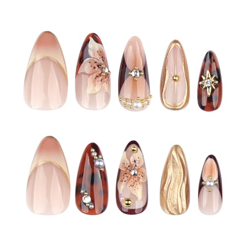 Almond French Tip Press On Nails with Floral Design & Rhinestones 24Pcs