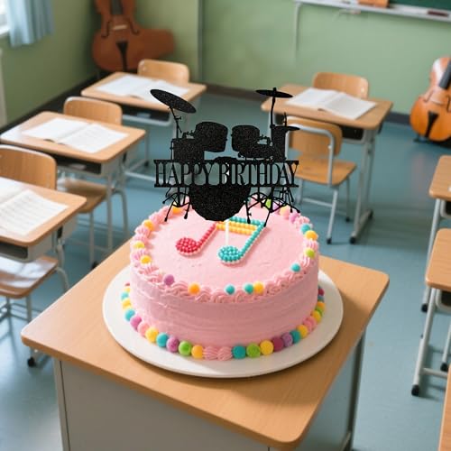 Music Theme Birthday Cake Topper - Black Glitter Drum Decoration