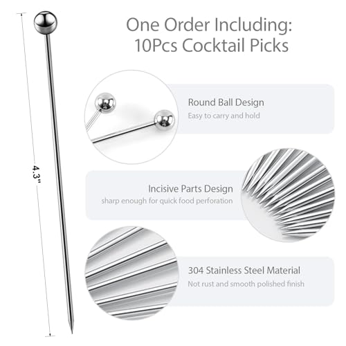 Stainless Steel Cocktail Picks - 10 Pcs Reusable Skewers for Drinks