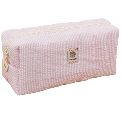 Seersucker Pink Striped Makeup Bag Quilted Cosmetic Pouch 7x3x3