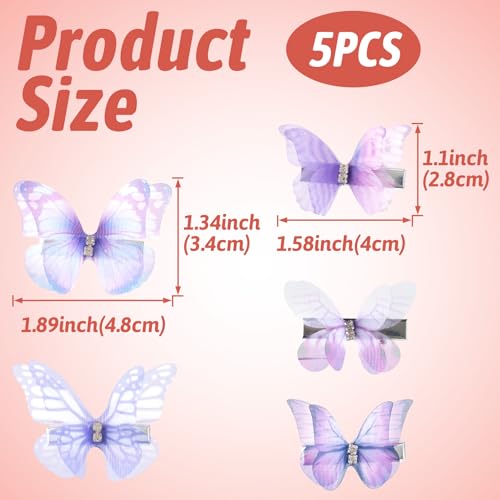 Lekgavd Gradient Purple Butterfly Hair Clips Rhinestone Organza Barrettes 5 Pack