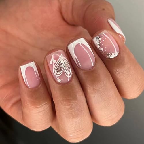 Valentine's Day Short Square Press on Nails with Gold Foil Heart Design