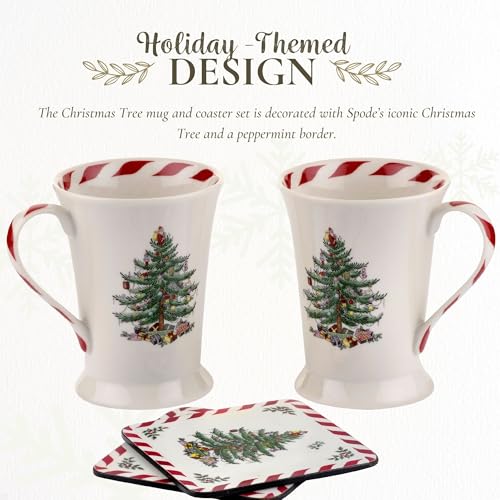 Spode Christmas Tree Mug & Coaster Set with Peppermint Design - 4 Pieces
