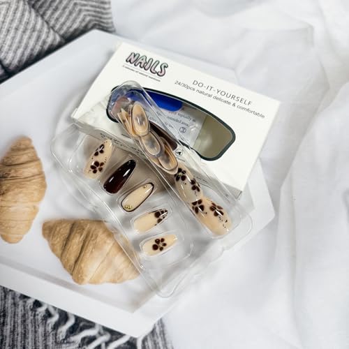 Brown French Tip Press on Nails Medium Almond False Nails with Flower Designs