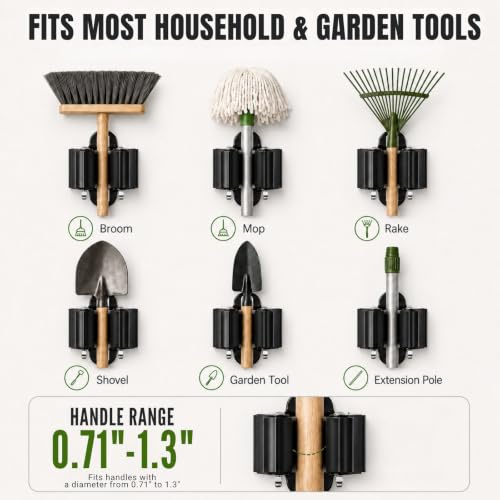 3-H Wall Mount Broom Holder 4 Pack - Black Stainless Steel Mop Hanger