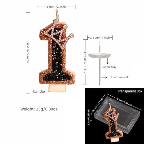 Black Gold Crown Number 1 Birthday Candle with Glitter Topper