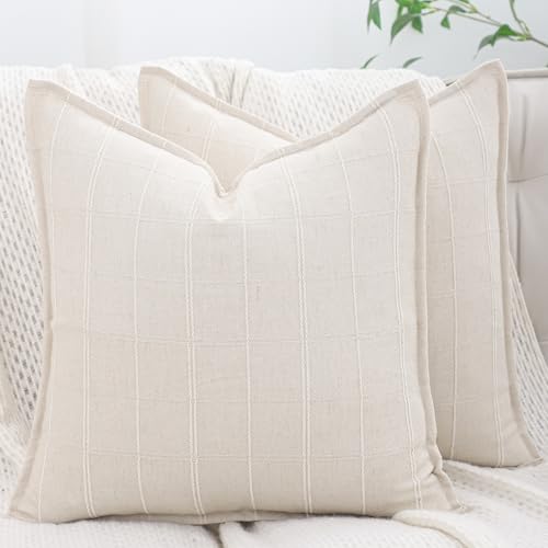 Set of 2 Jacquard Throw Pillow Covers 18x18 - Khaki Plaid