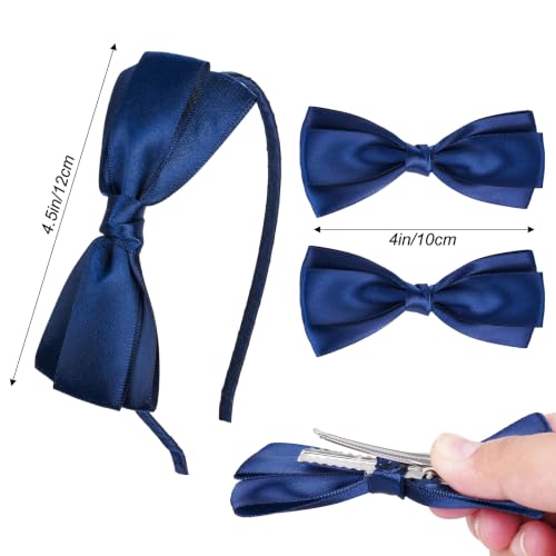 Navy Blue Bow Headband and Hair Clips Set for School Uniforms