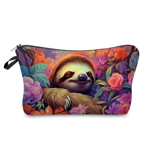 Floral Sloth Makeup Bag Padded Cosmetic Organizer Zipper Pouch for Women
