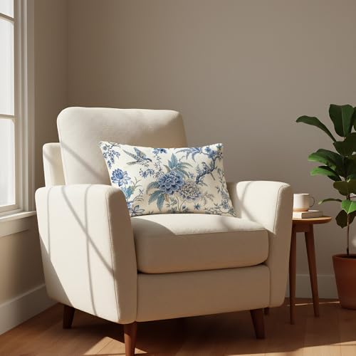 GSRONY Chinoiserie Blue Bird Lumbar Pillow Cover, 12x20 Inch Cotton Linen