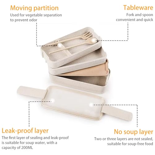 Beige 3-Layer Portable Bento Box 900ML Wheat Straw Food Storage Container