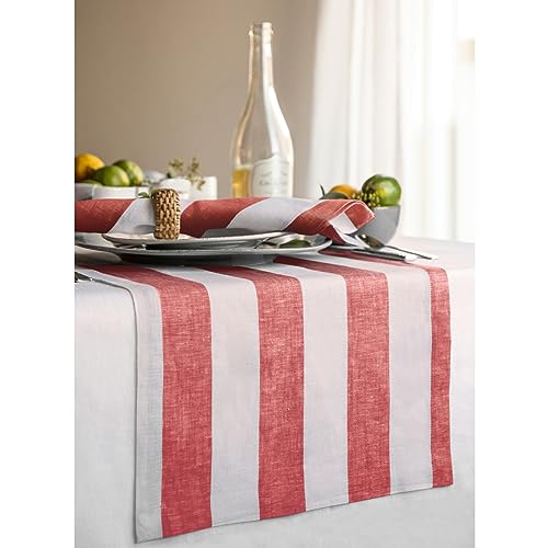 Solino Home 100% Pure Linen Table Runner Red & White Stripe 14 x 60 in - Handmade