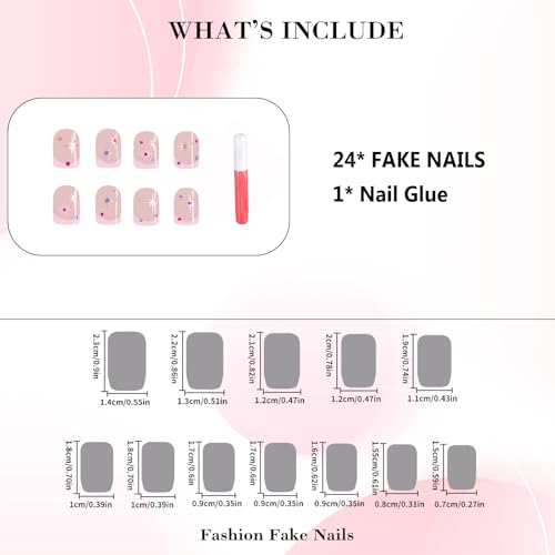IMRAIN Short Square Press On Nails Glossy Pink French Tips Rhinestone Star